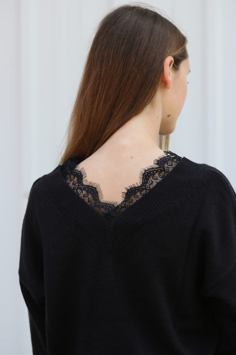 White Black Women Wool Sweater Lace Trim