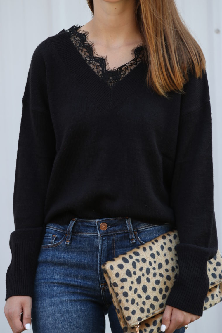 lace trimmed sweater, leopard clutch, fall style