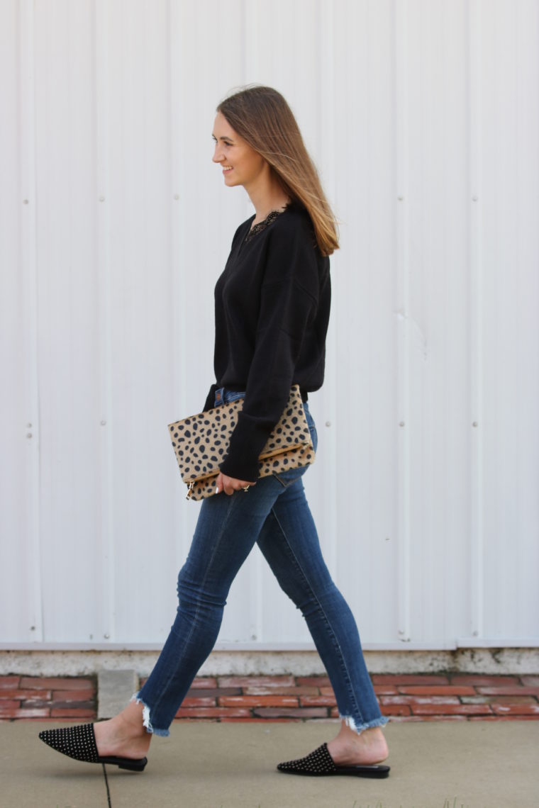 lace trimmed sweater, leopard clutch, fall style