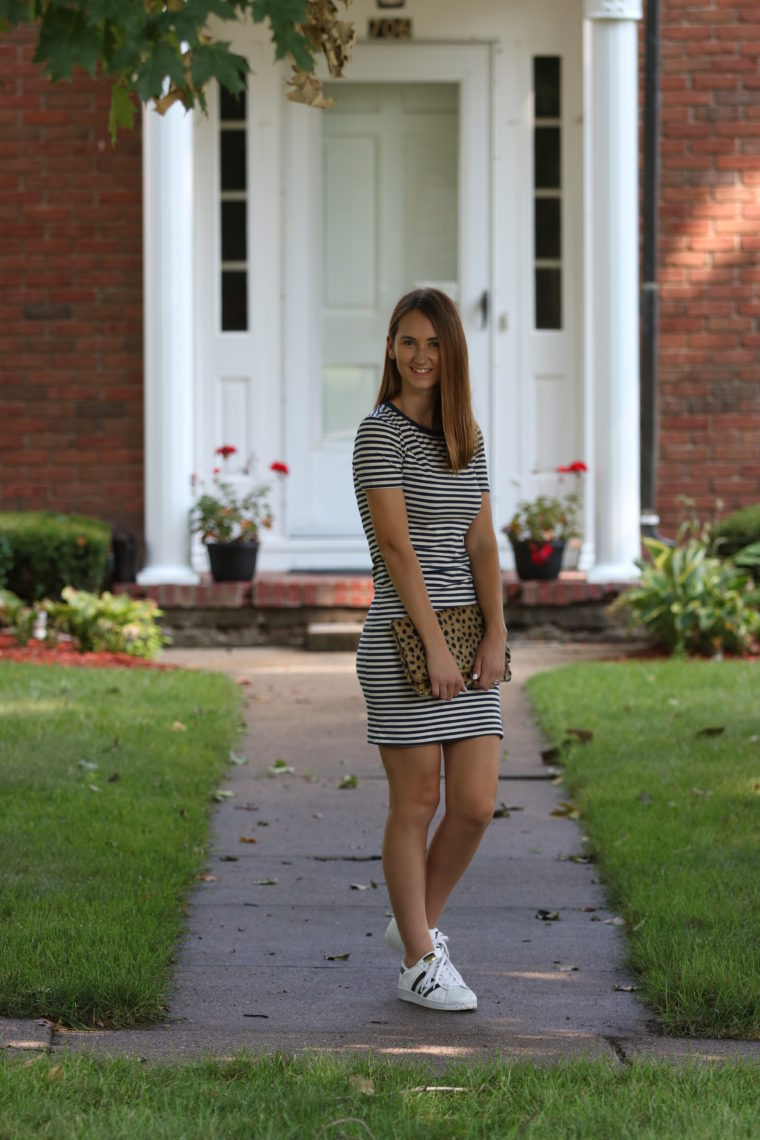 striped dress, leopard clutch, Adidas shoes