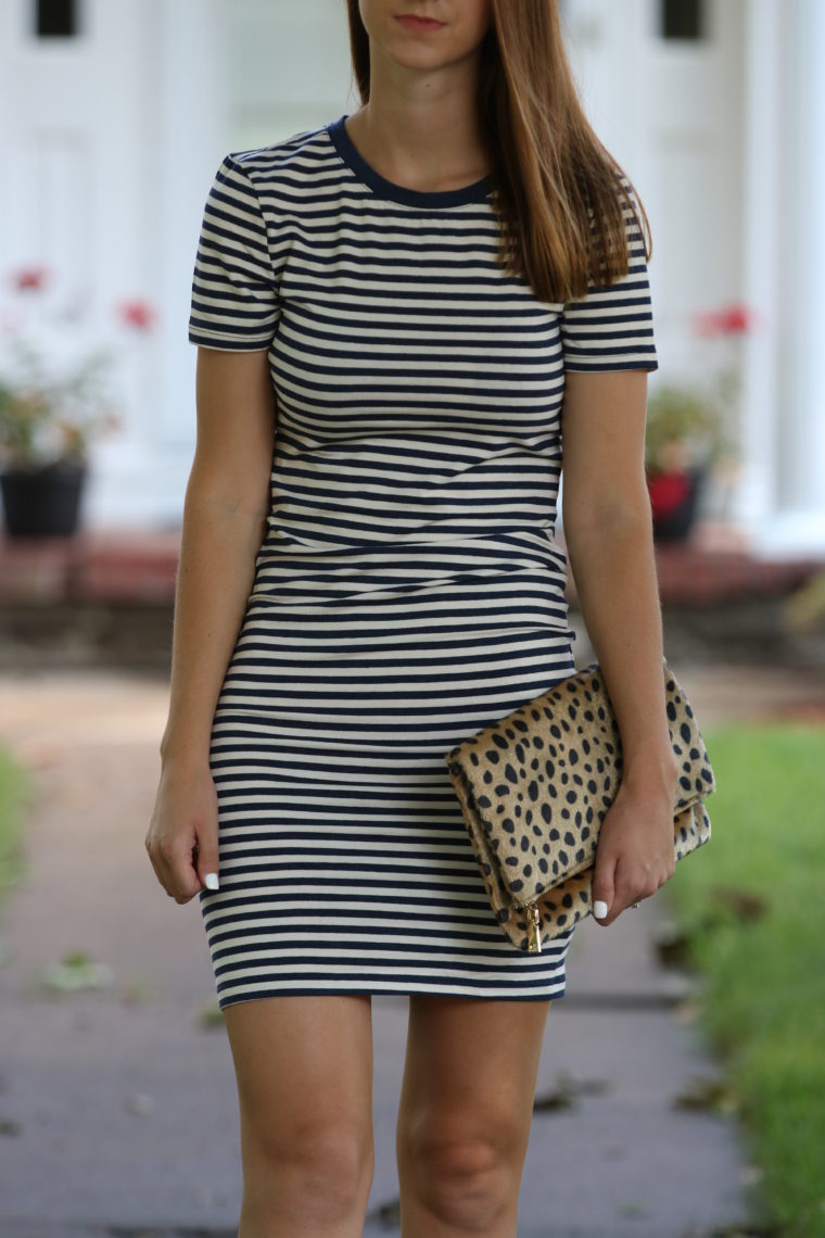 striped dress, casual style, leopard clutch