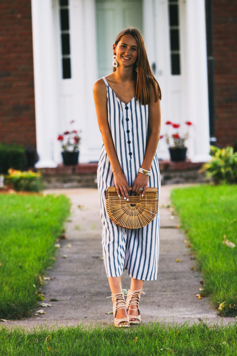 striped button down jumpsuit, Cult Gaia bag, summer style