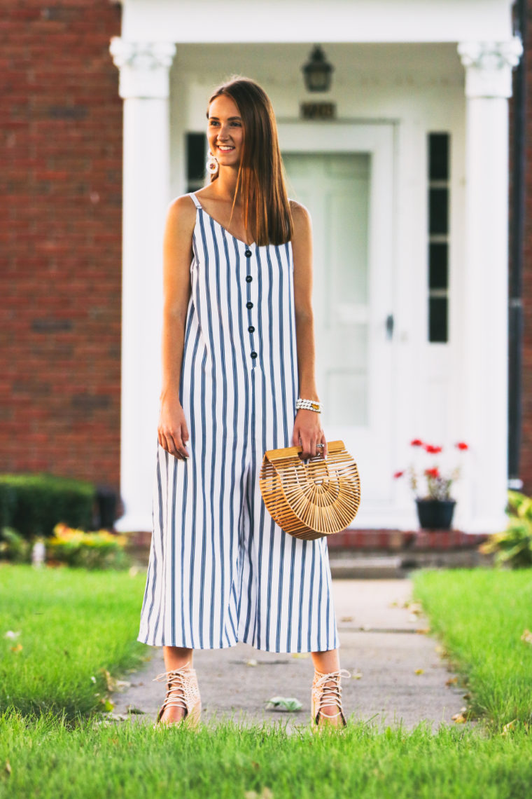 striped button down jumpsuit, striped jumpsuit, cult gaia bag