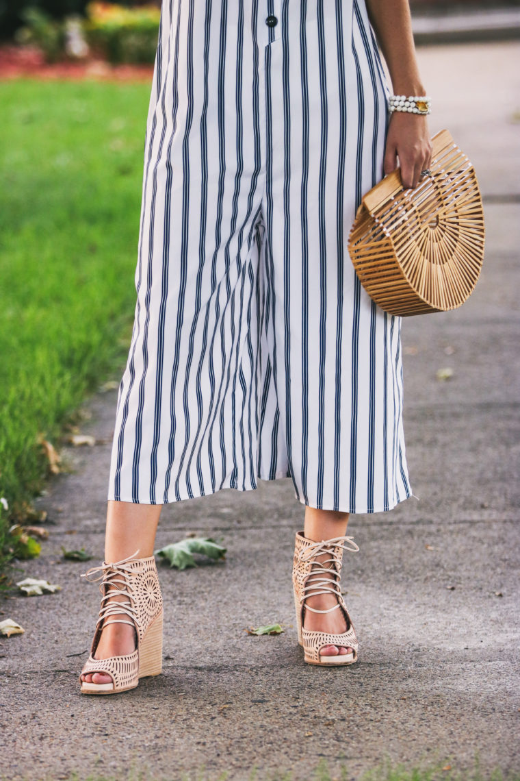 striped jumpsuit, Cult Gaia bag, basket bag