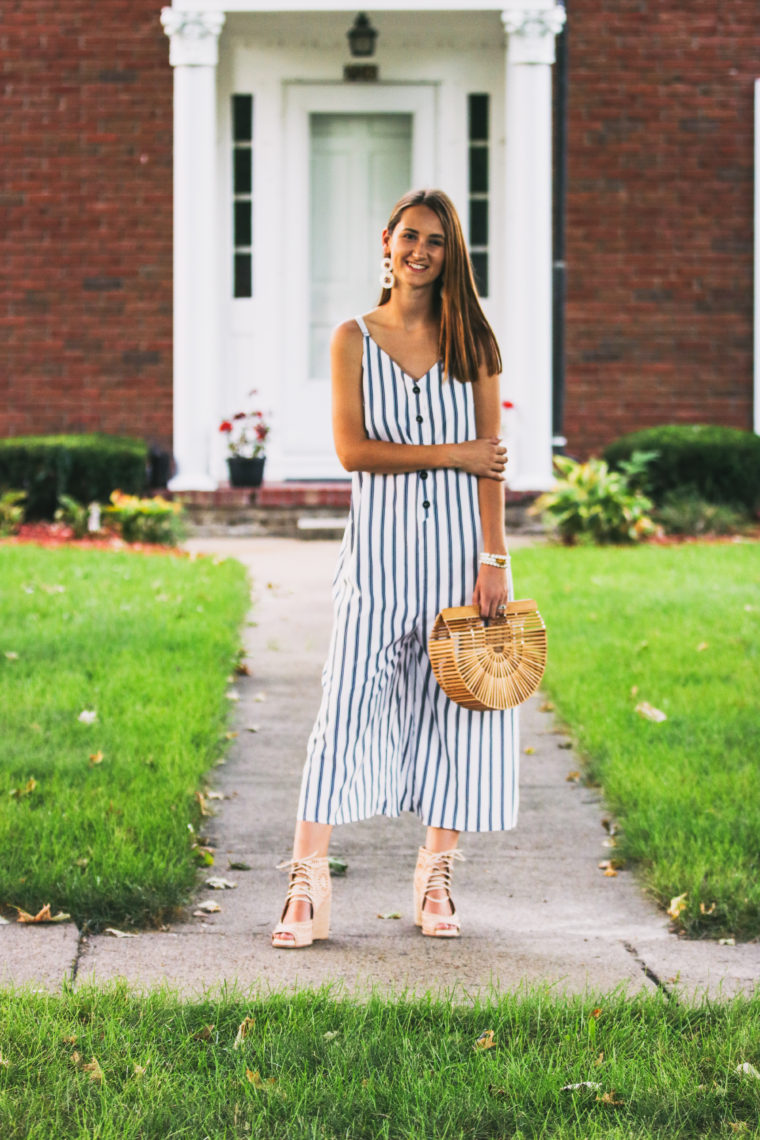 striped button down jumpsuit, striped jumpsuit, Cult Gaia bag