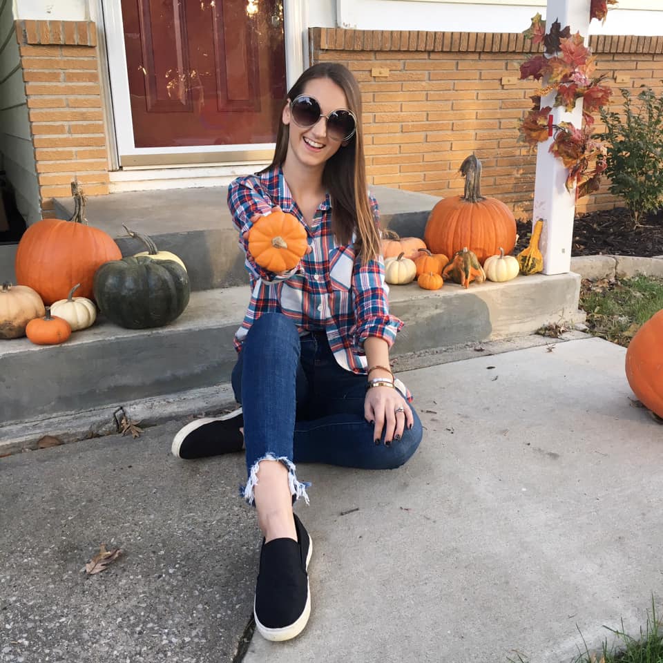 plaid long sleeve, slip on sneakers, fall style