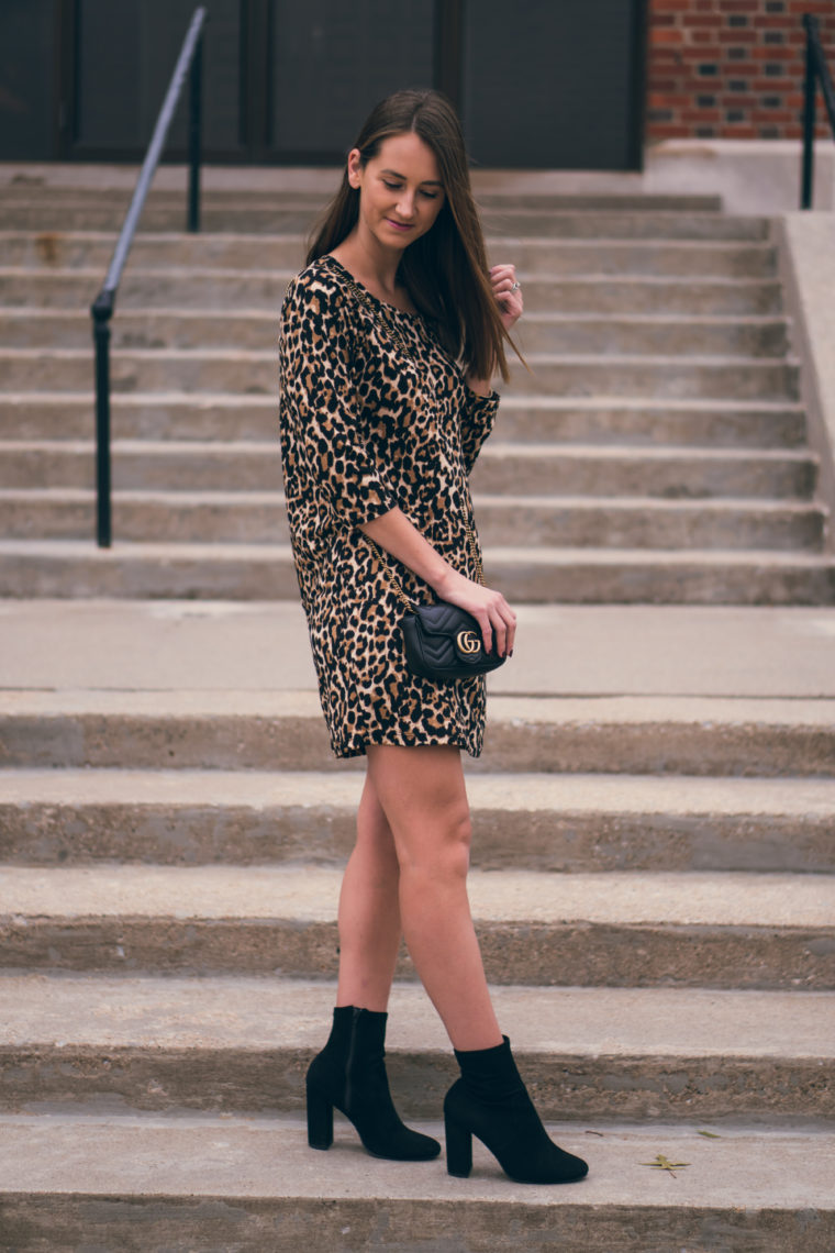 leopard dress, black sock booties, fall style