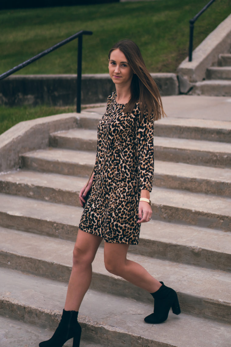leopard dress, sock booties, fall style