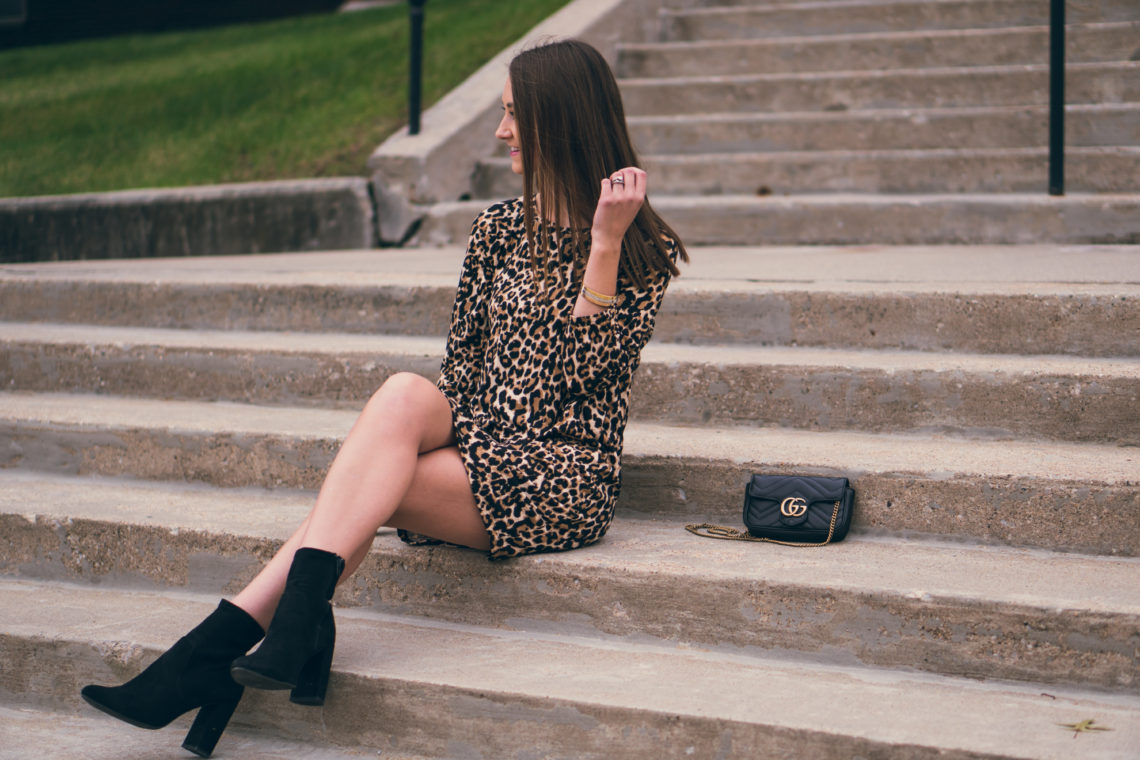 leopard dress, black sock booties, fall style