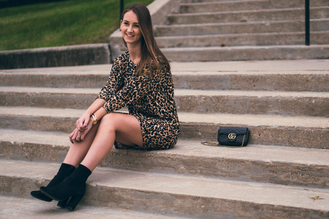 leopard dress, sock booties, fall style