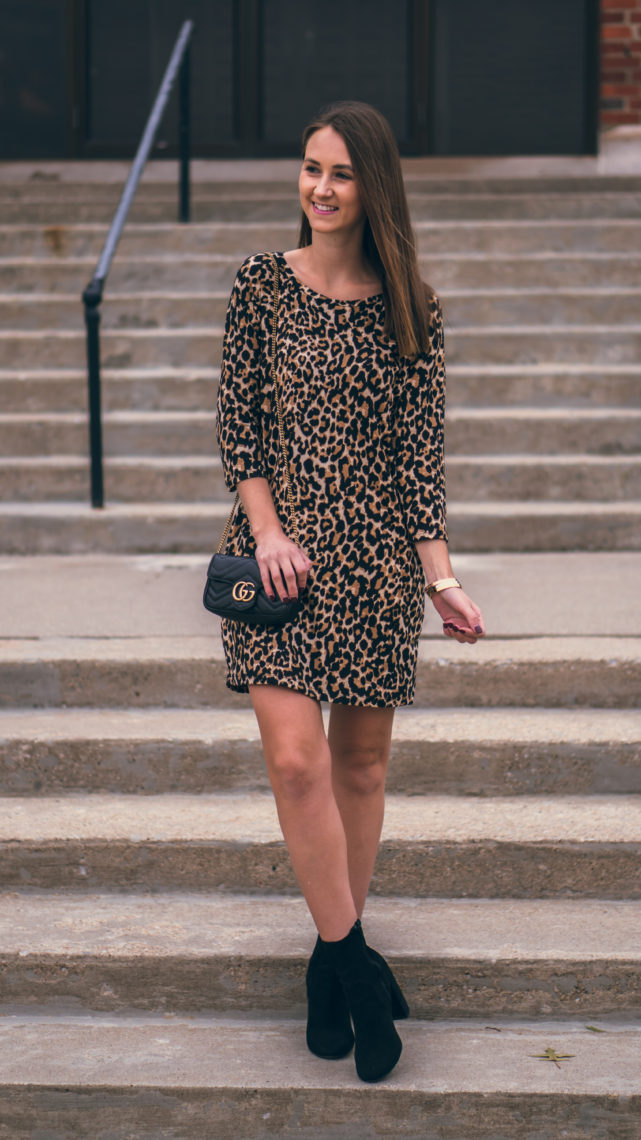 leopard dress, sock booties, fall style