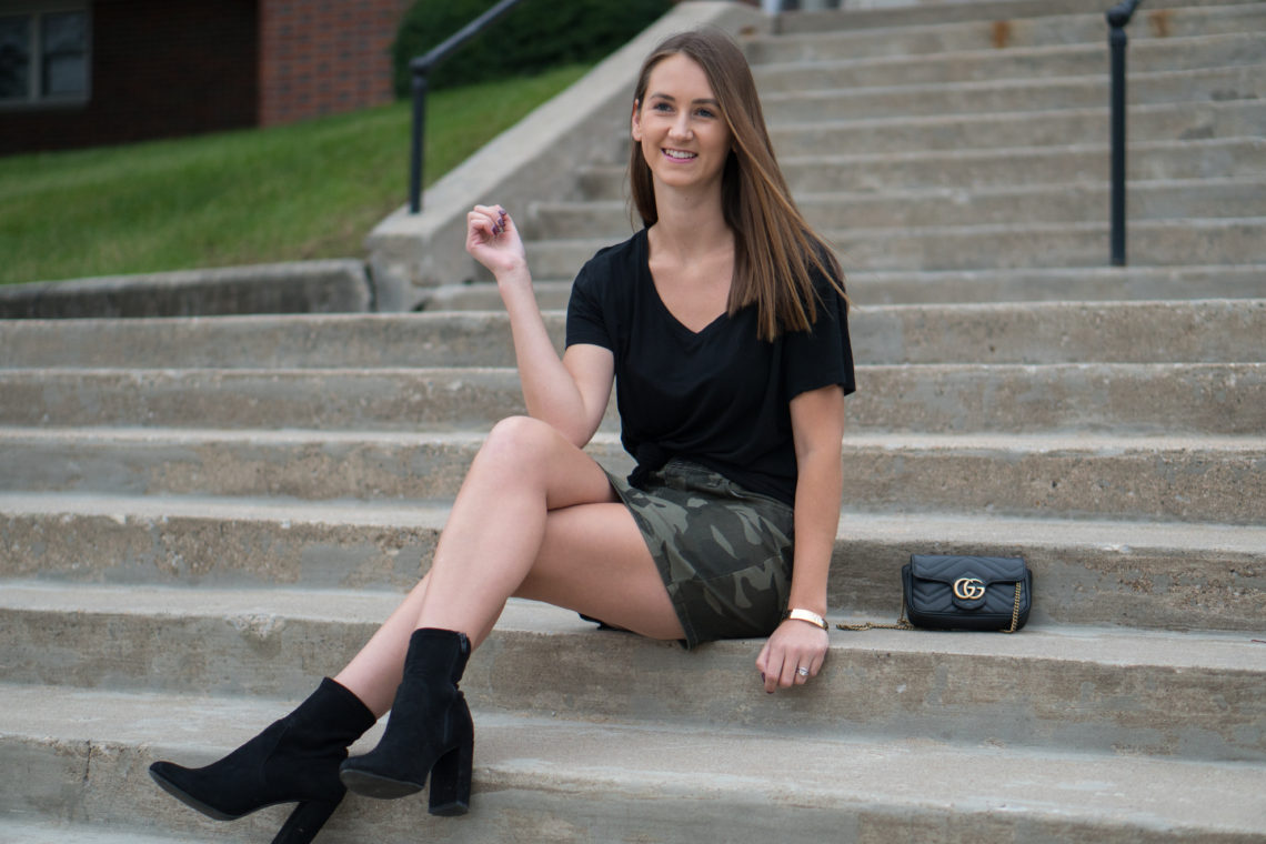 camo skirt, black sock booties, fall style