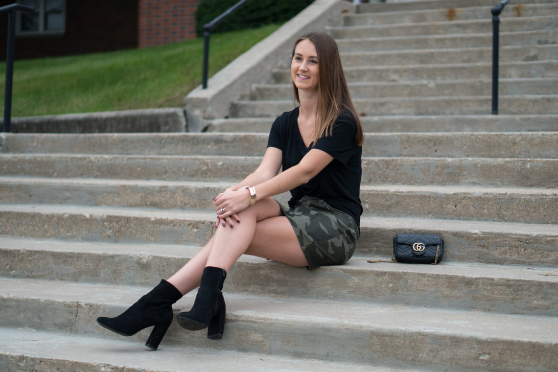 camo skirt, black sock booties, fall style