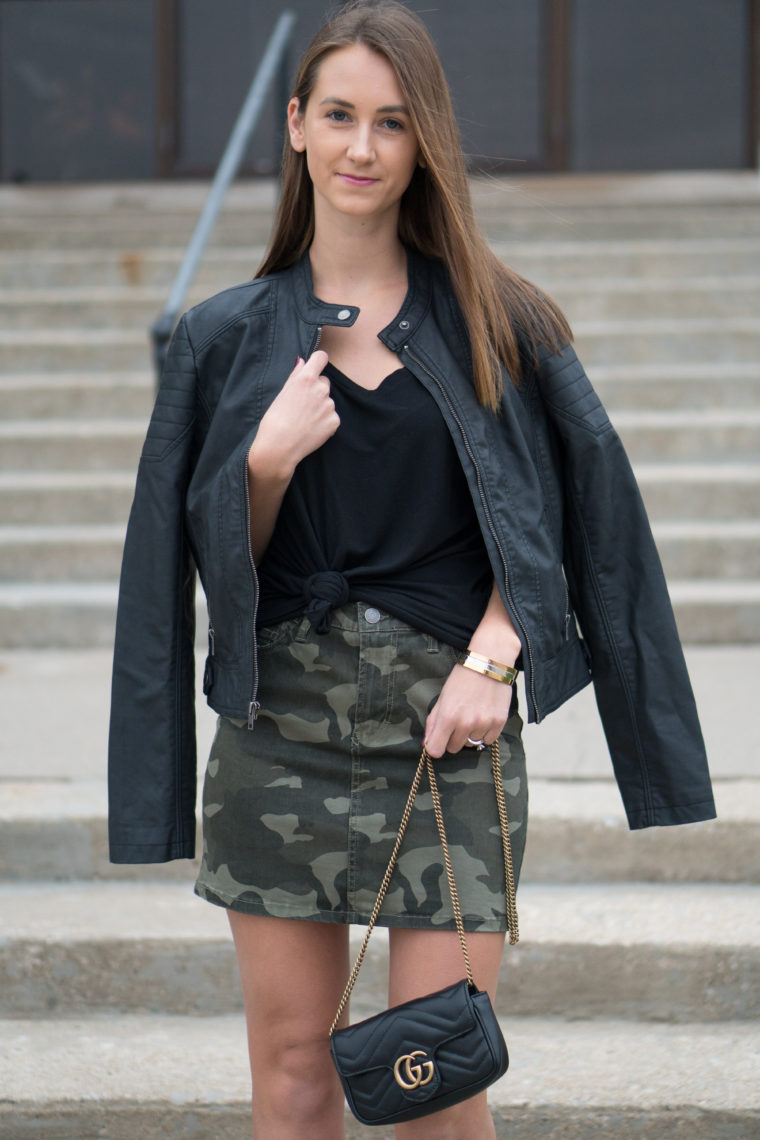 camo skirt, Gucci bag, fall style