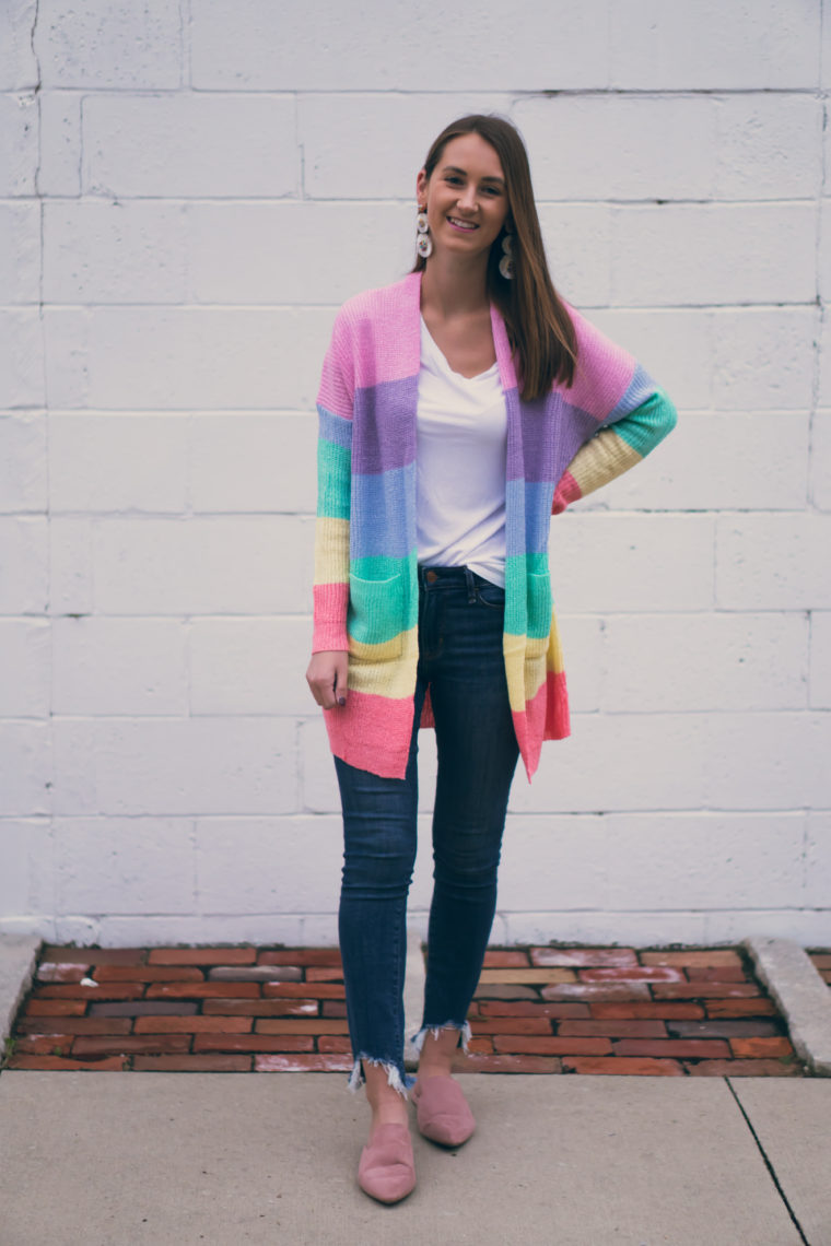 rainbow striped cardigan, pink mules, rain stripes, fall style