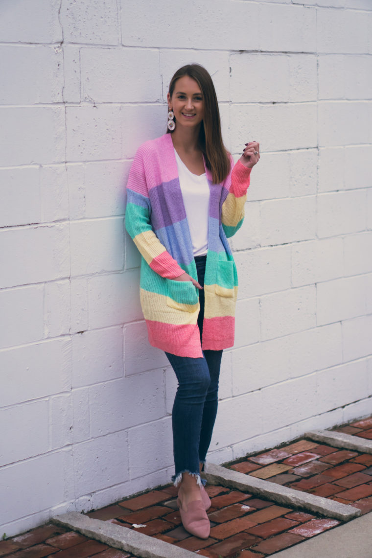 rainbow striped cardigan, striped cardigan, pink mules, fall style