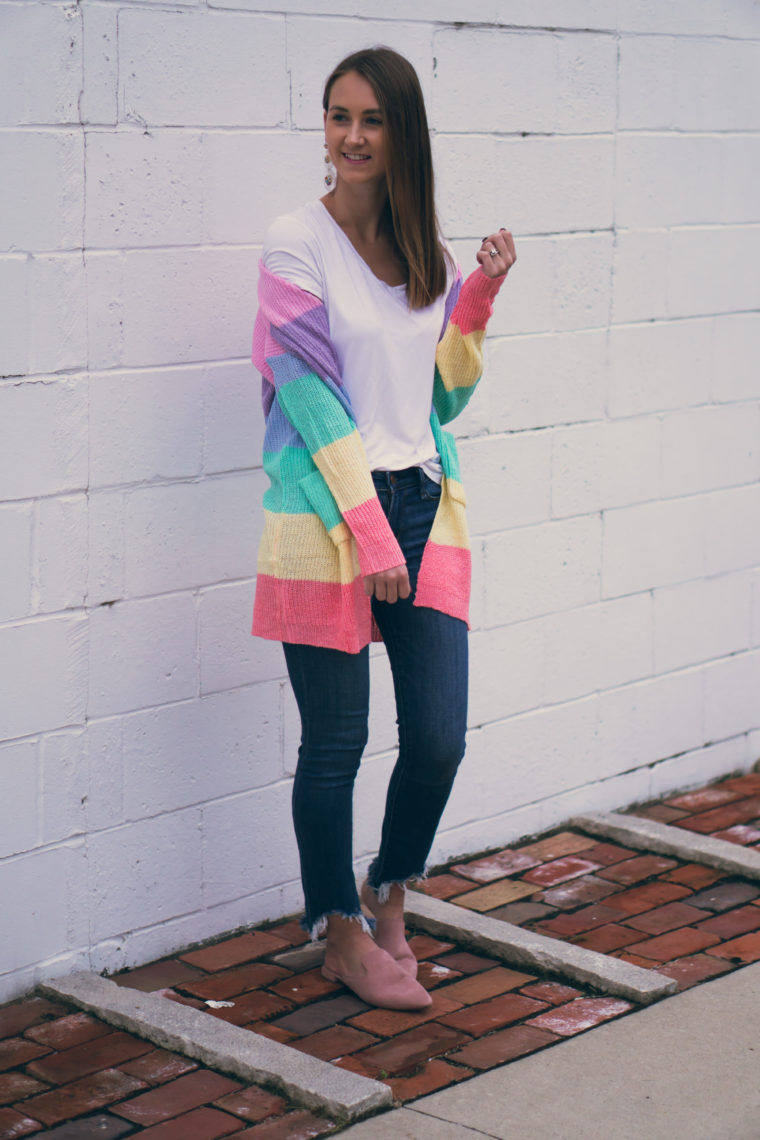 rainbow striped cardigan, rainbow cardigan, pink mules