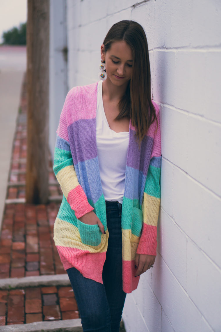 rainbow striped cardigan, rainbow cardigan, fall style