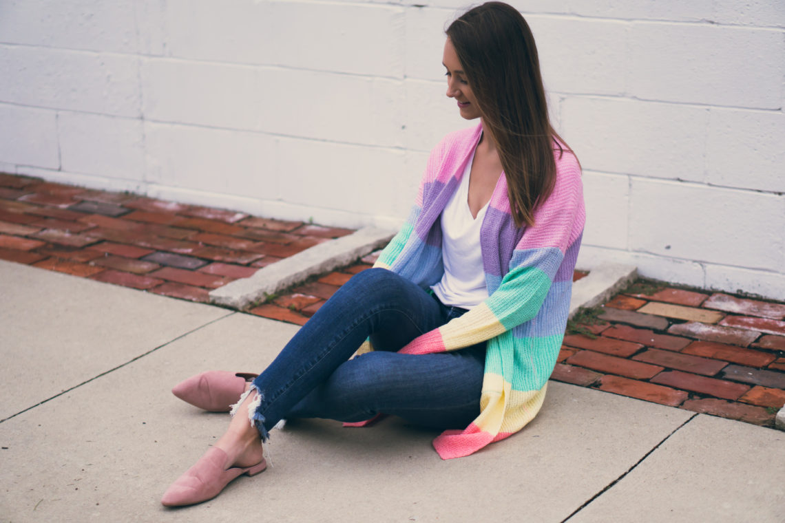 rainbow striped cardigan, pink mules, fall style