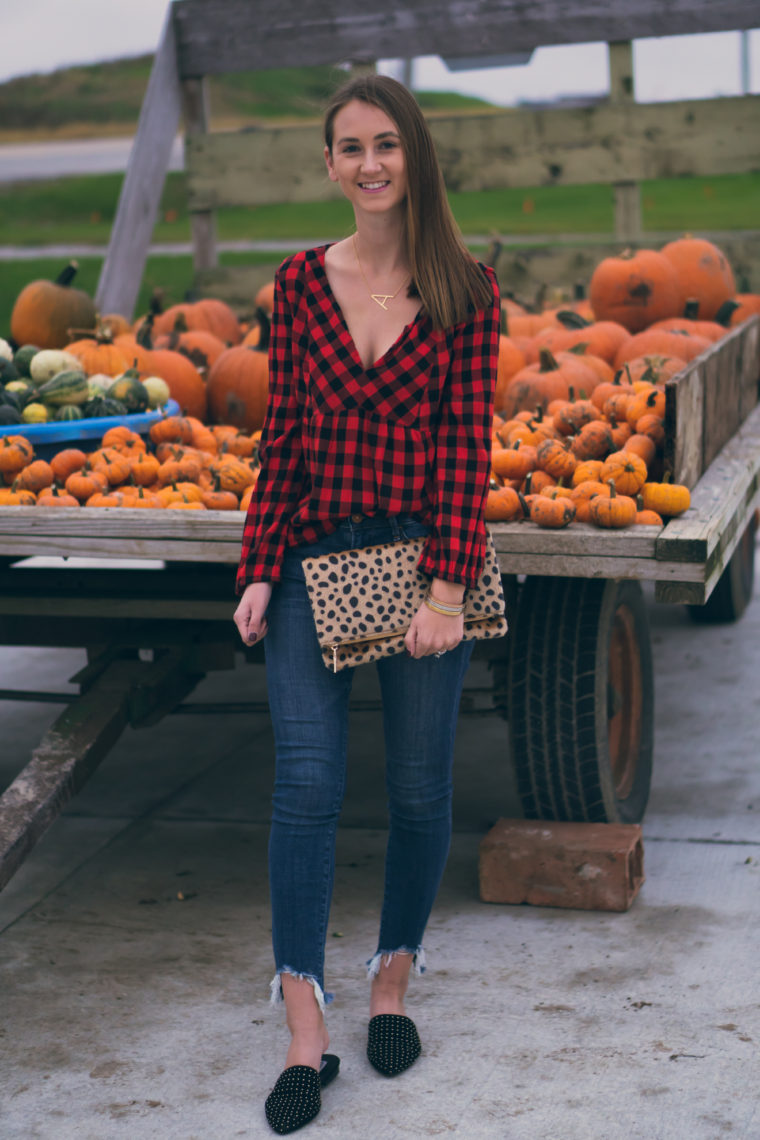 leopard clutch, gingham top, fall style