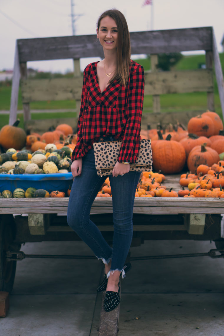 gingham top, studded mules, leopard clutch, fall style