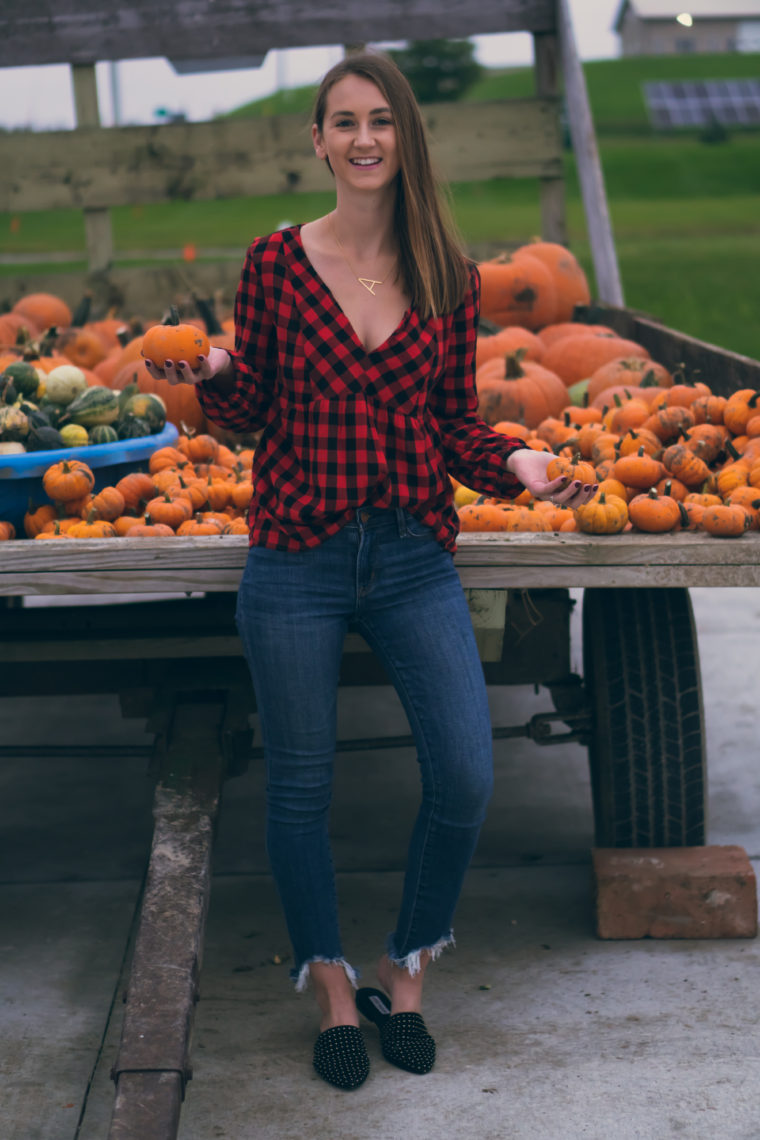 studded mules, gingham top, fall style