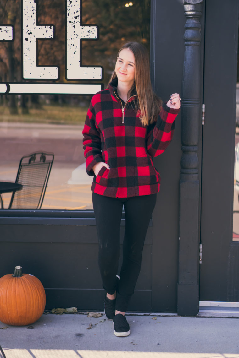 buffalo plaid sherpa pullover, sherpa pullover, comfy style