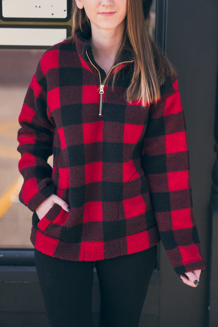 buffalo plaid sherpa, sherpa pullover, comfy style