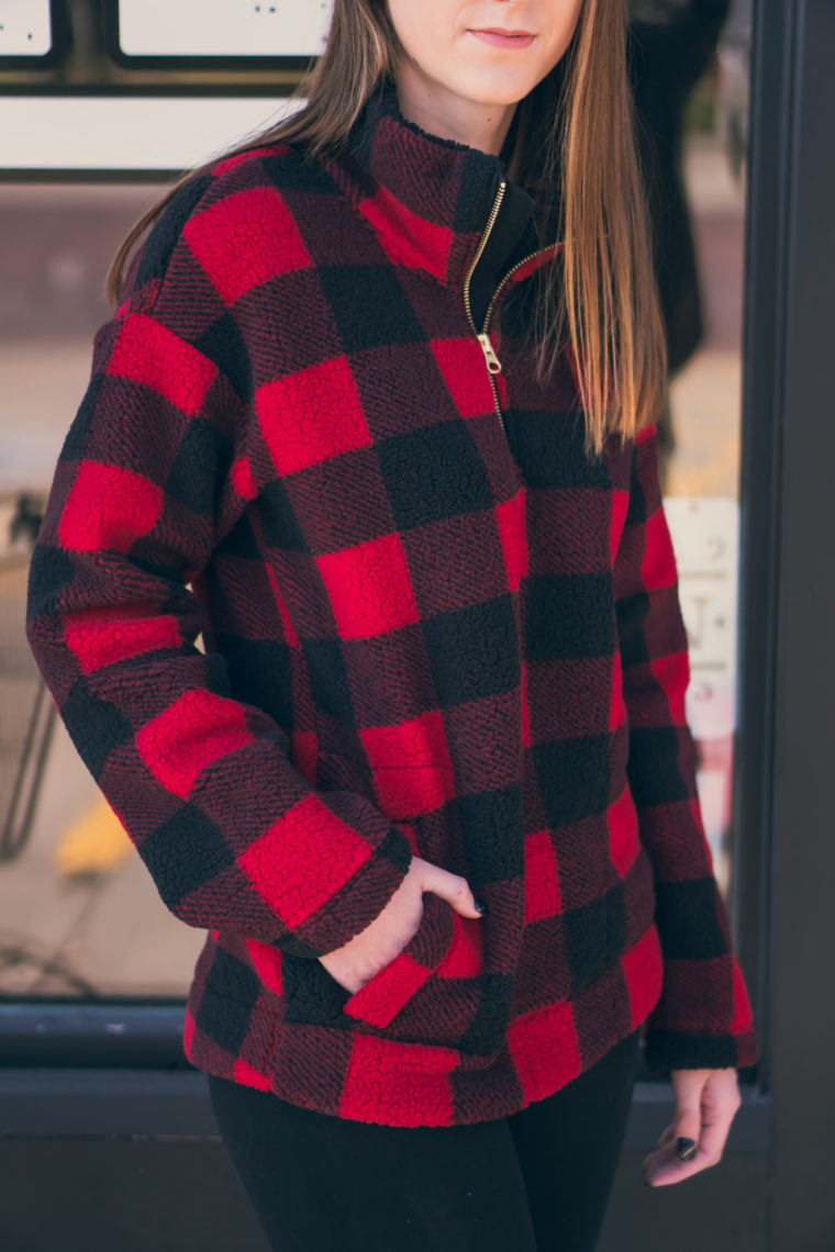 buffalo plaid pullover, sherpa pullover, comfy style