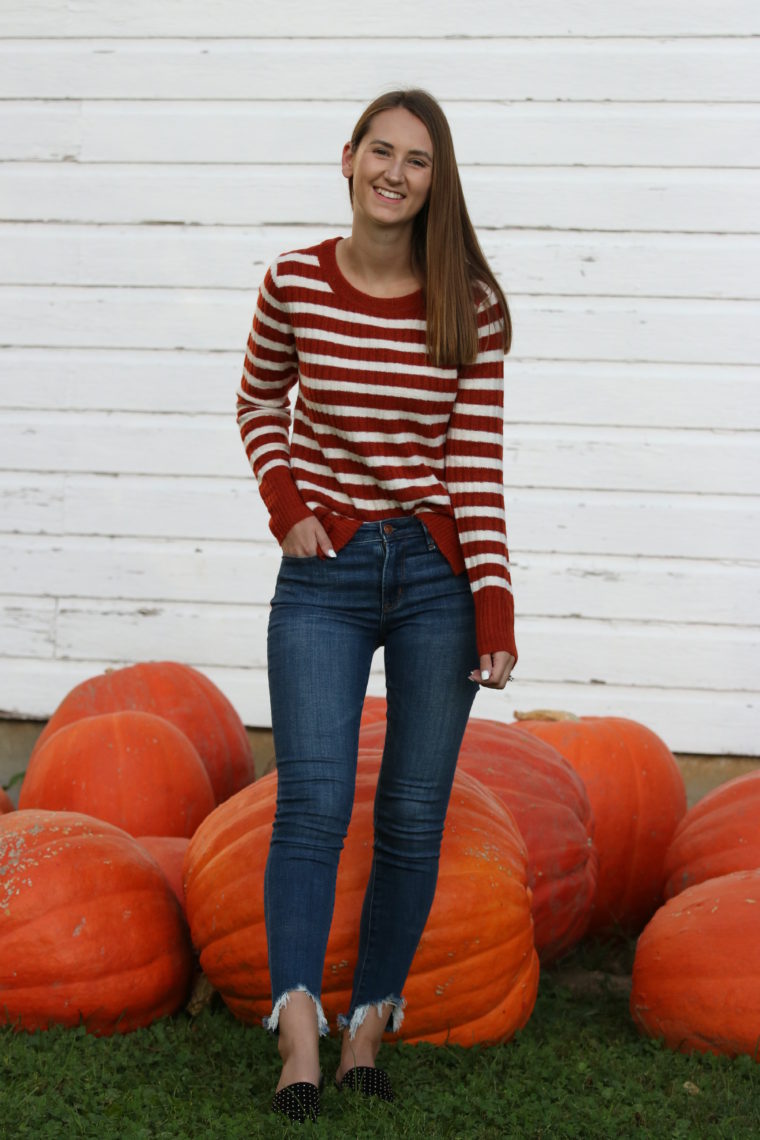 crew neck sweater, studded mules, fall style