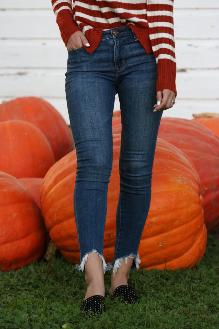 striped sweater, studded mules, fall style