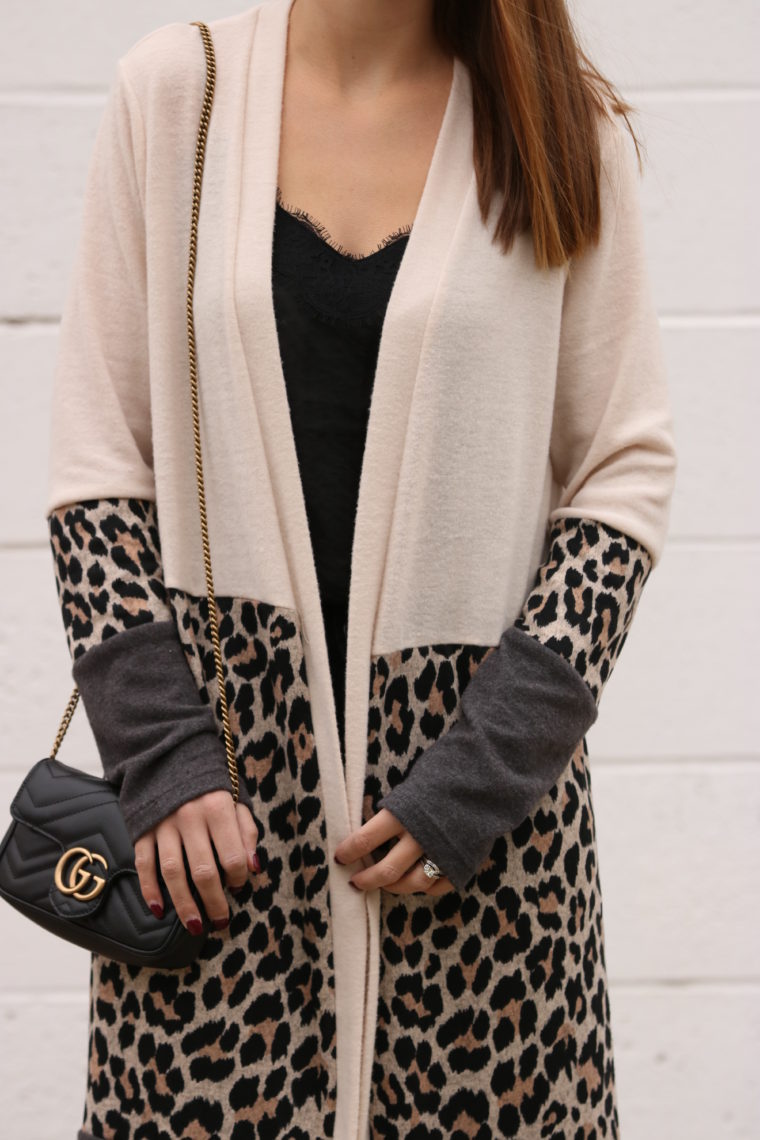 leopard cardigan, Gucci bag, fall style