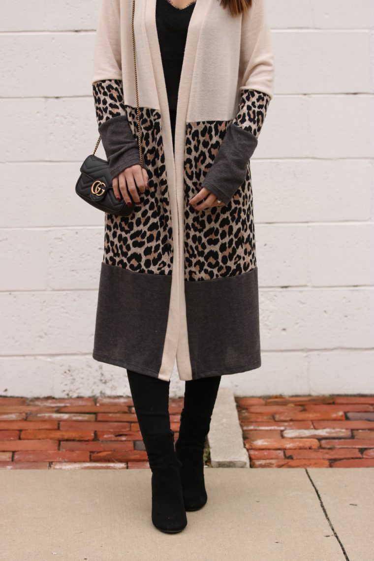 leopard cardigan, duster cardigan, fall style, Gucci bag
