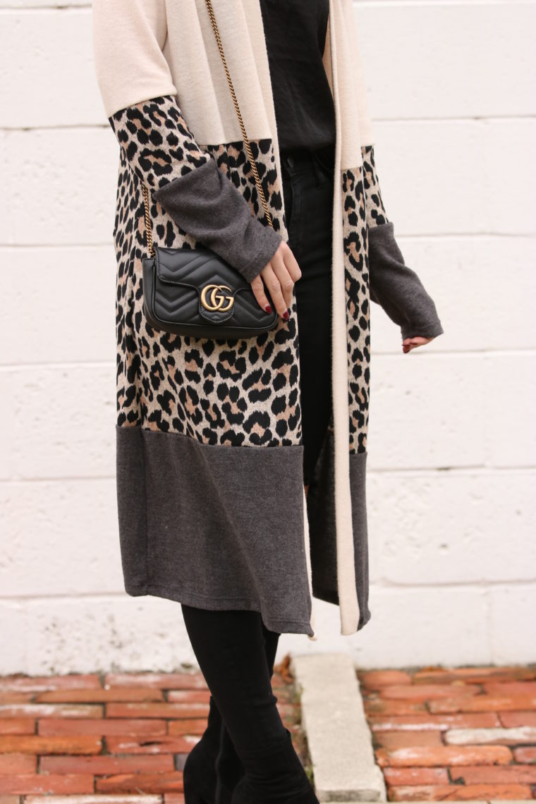 leopard cardigan, long cardigan, Gucci bag