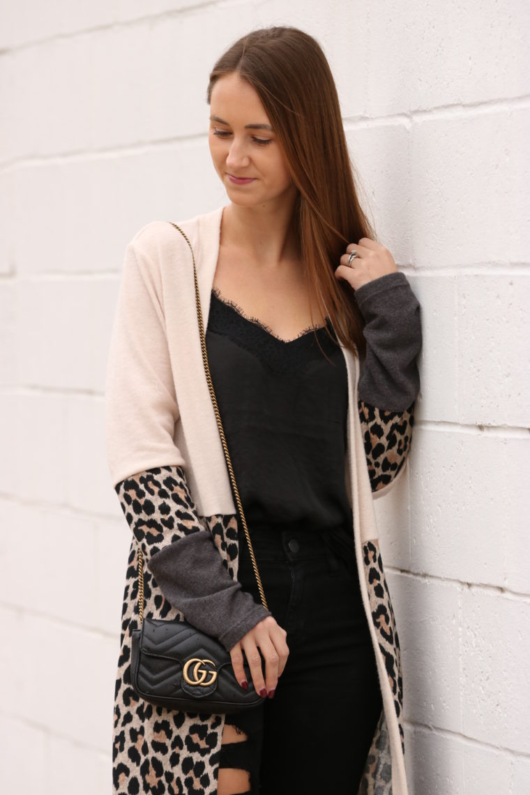 leopard cardigan, lace cami, fall style