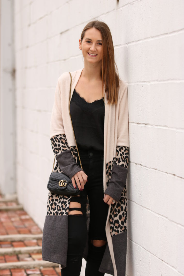 leopard cardigan, Gucci bag, fall style