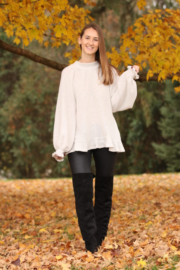 ruffle sweater, OTK boots, fall style, comfy style