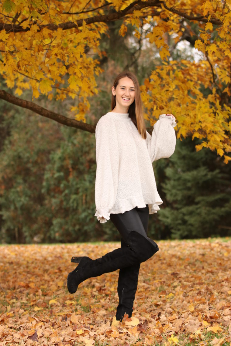 ruffle sweater, OTK boots, fall style, comfy style