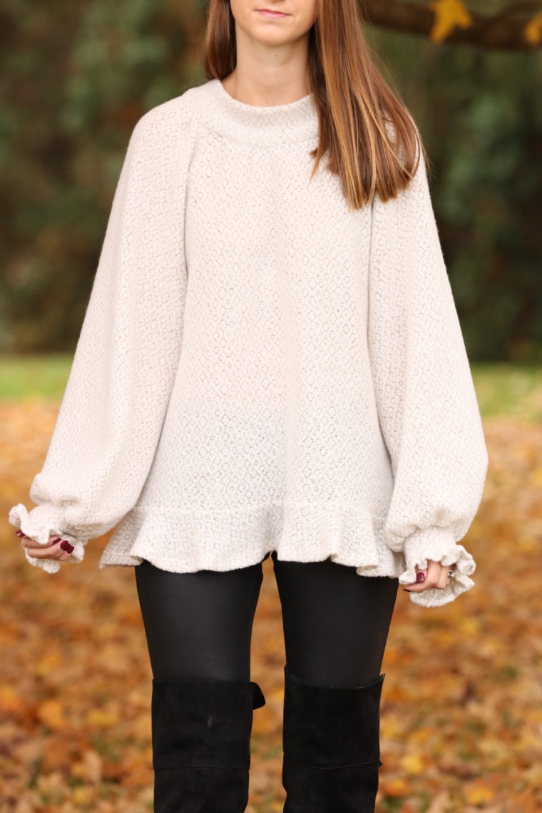 ruffle sleeve sweater, soft sweater. comfy style, fall style