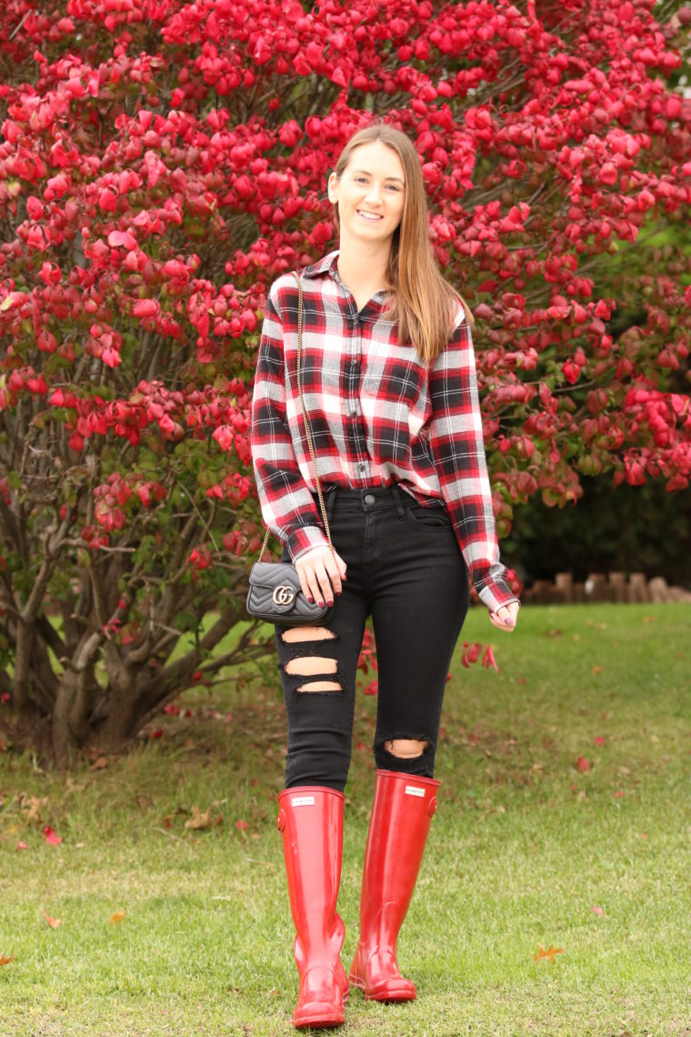 plaid long sleeve, red hunter boots, fall style