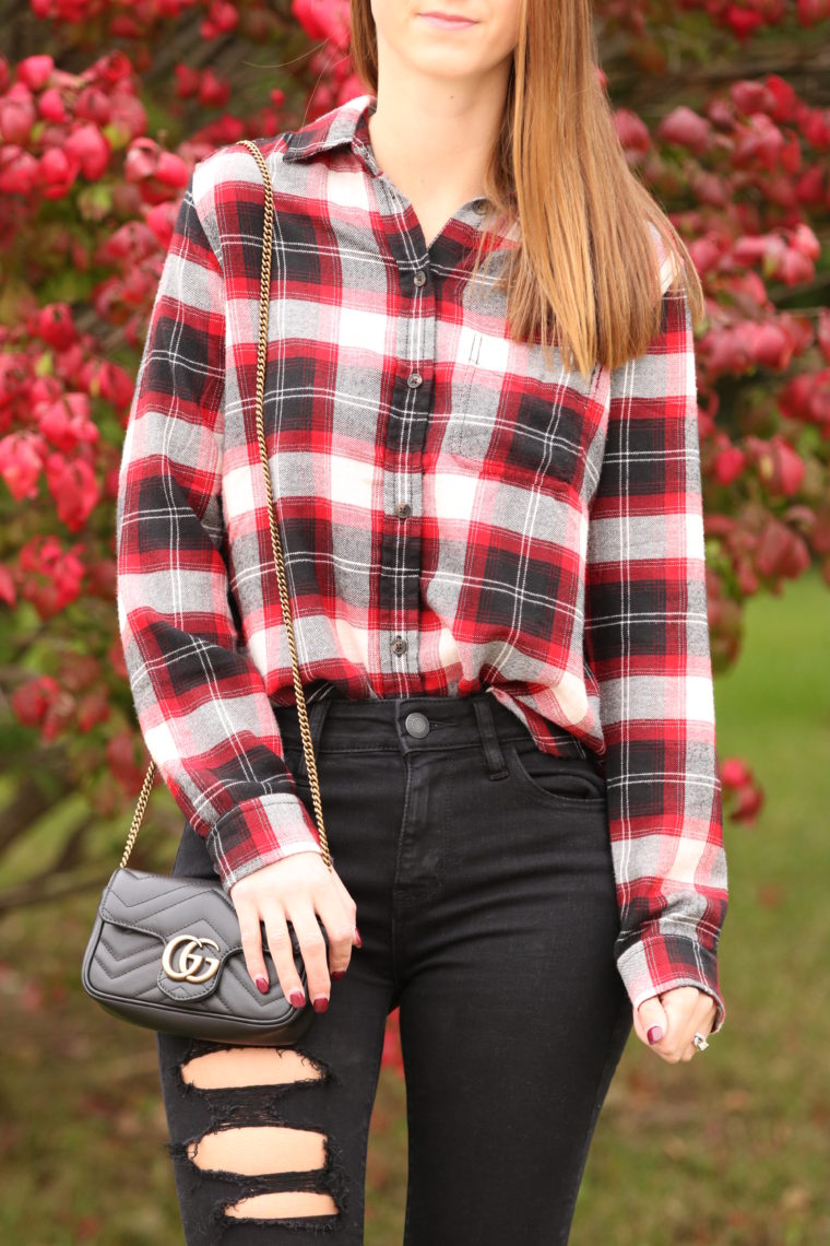 plaid long sleeve, red & black plaid, Gucci bag