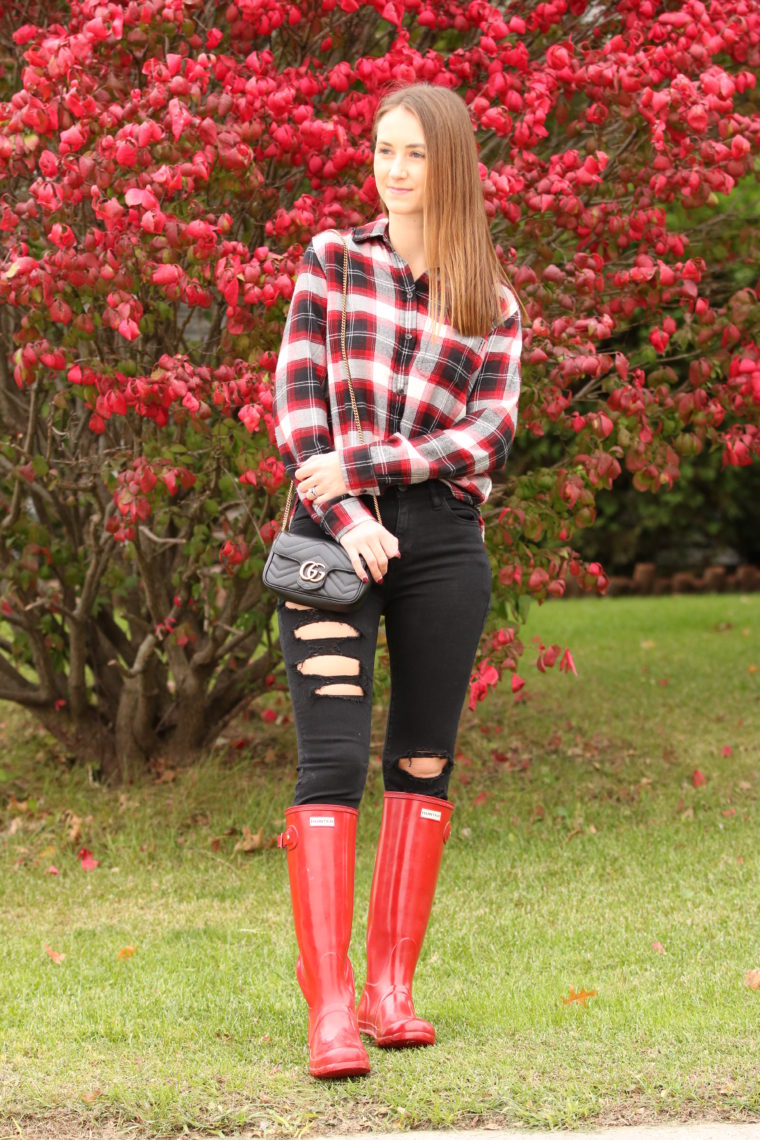 plaid long sleeve, red Hunter boots, fall style