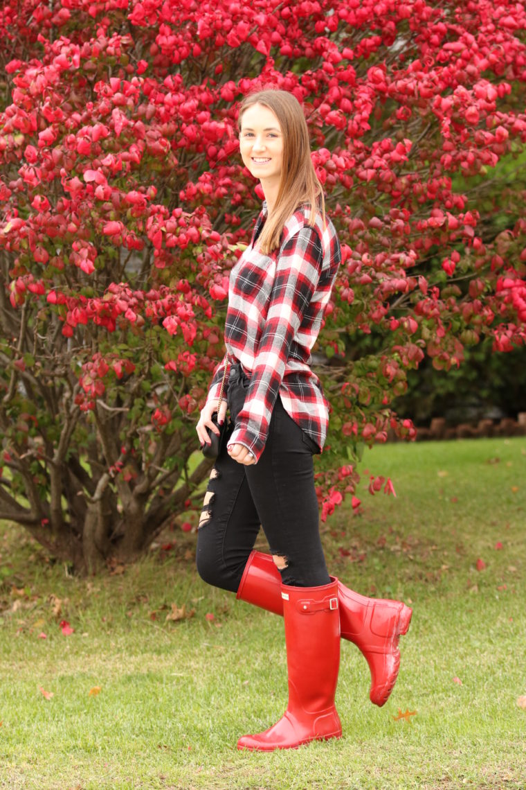 red & black plaid top, red Hunter boots, fall style