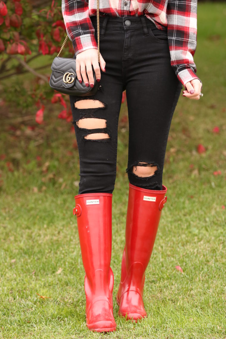 red Hunter boots, black distressed denim, fall style