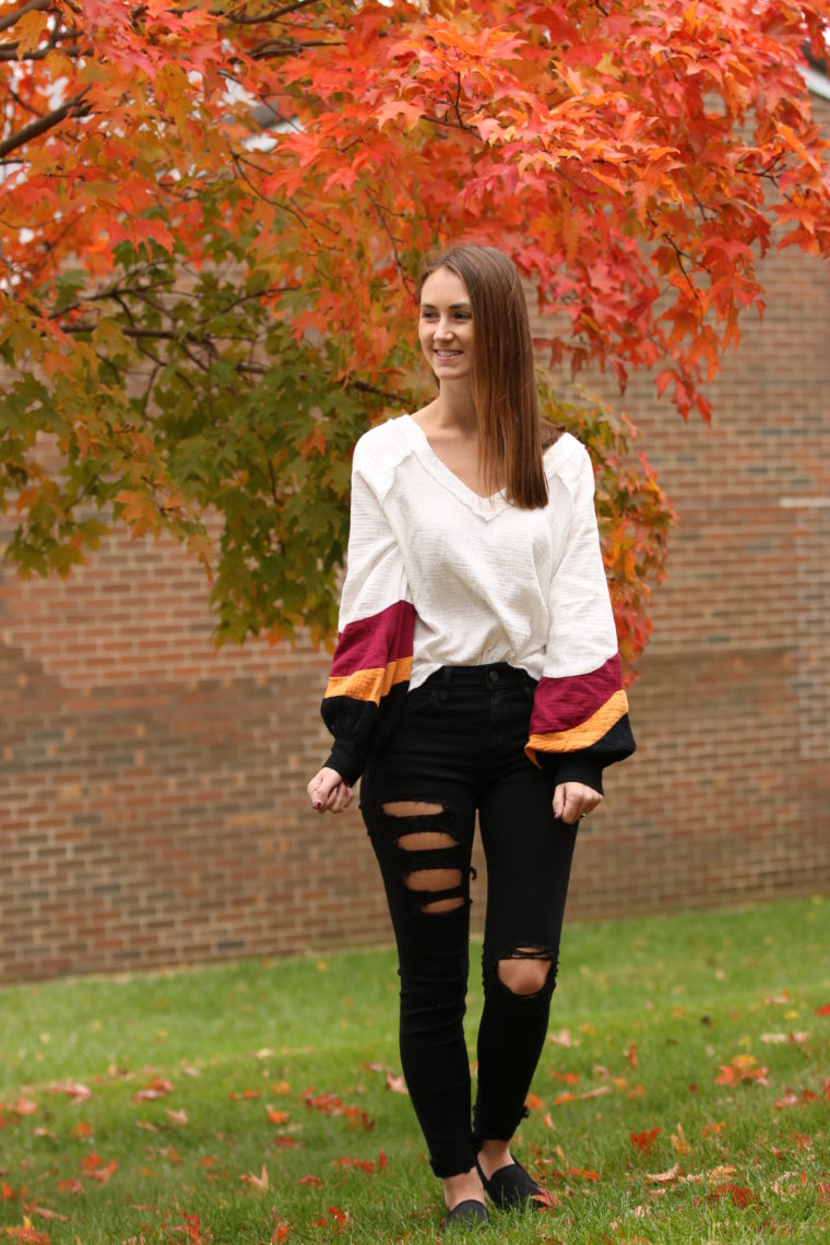 balloon sleeve sweater, red leaves, fall style