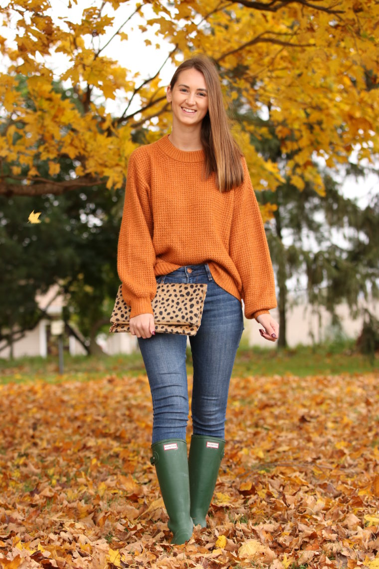 orange sweater, green Hunter boots, leopard clutch, fall style