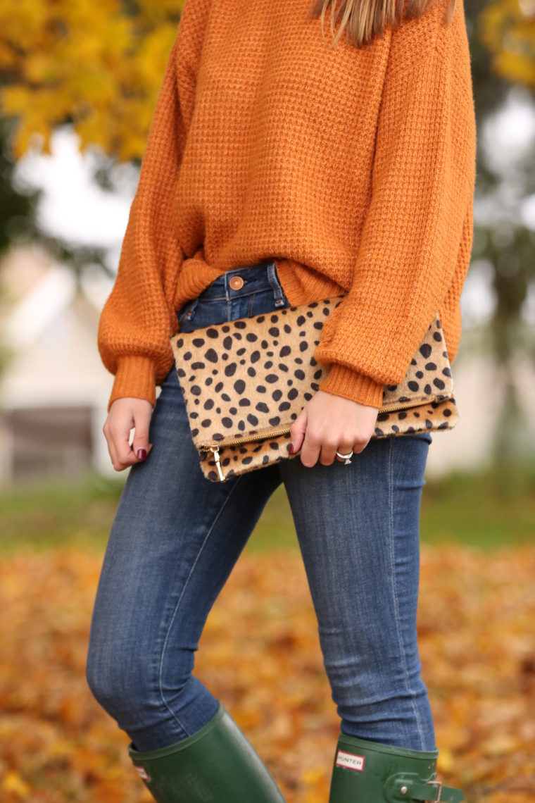 orange sweater, leopard clutch, fall style
