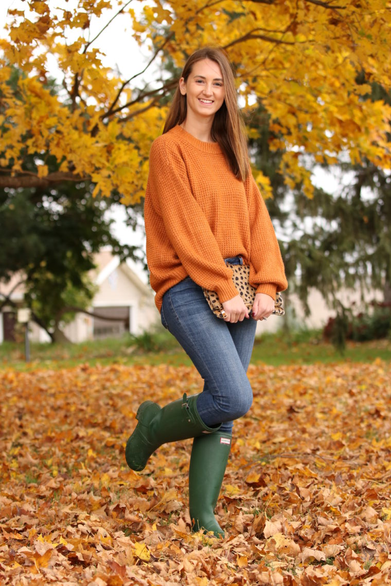 orange sweater, green hunter boots, fall style, yellow leaves