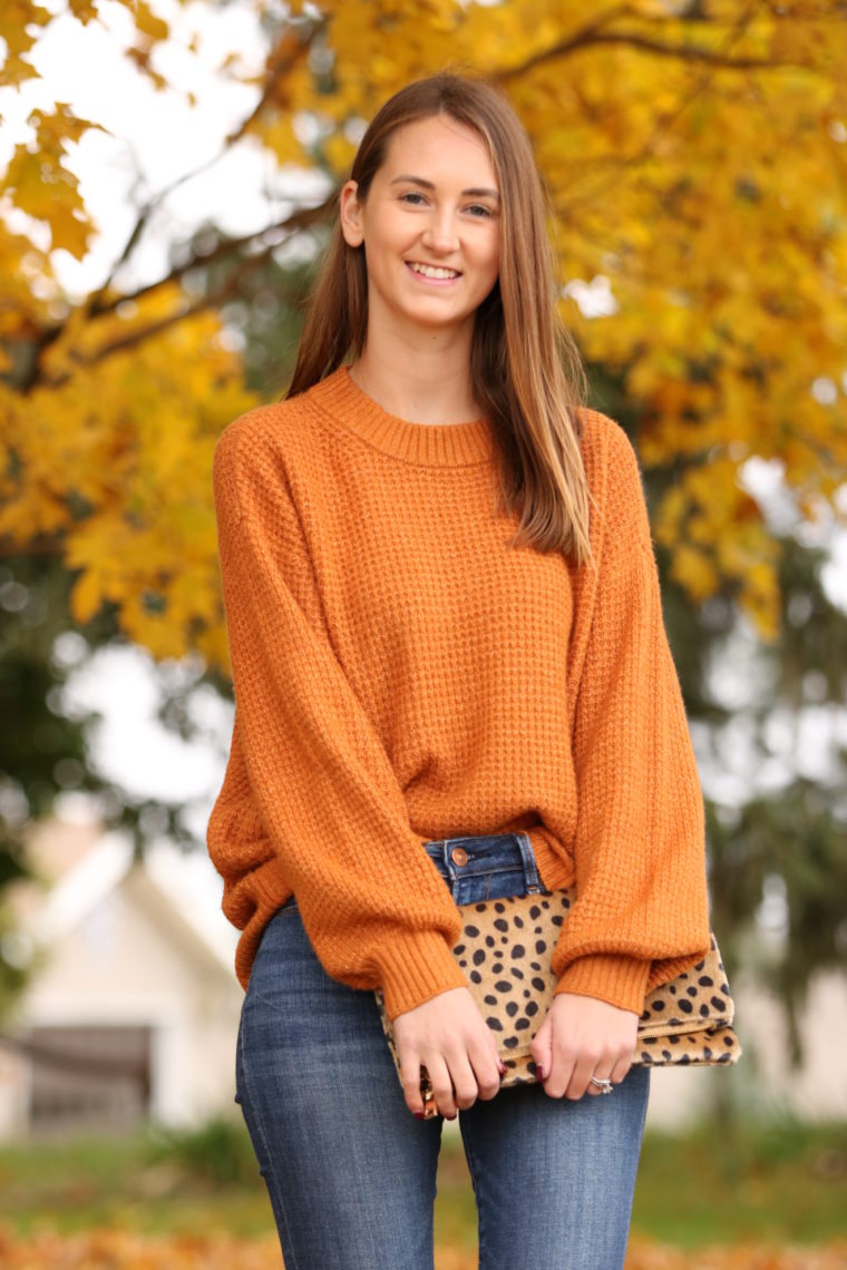 orange sweater, leopard clutch, fall style