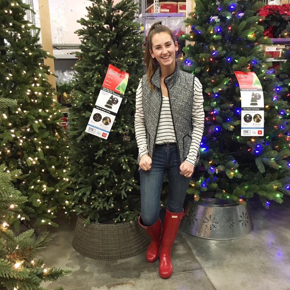 red Hunter boots, Christmas trees, Lowe's